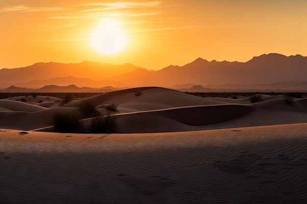 Desert dunes with view of the setting sun and silhouettes of distant mountains in the background
