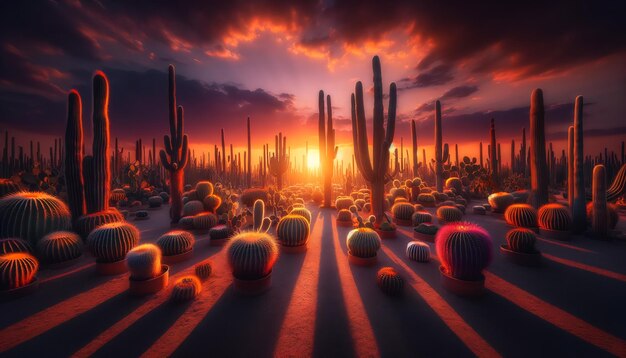 Desert Dusk Cactus Garden Bathed in Sunset Glow