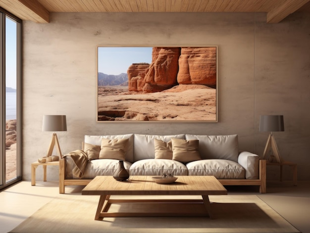 Desert Elegance AIGenerated Mockup of Minimalist Interior with EFrame and Wall Art