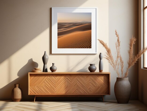 Desert Elegance AIGenerated Mockup of Minimalist Interior with EFrame and Wall Art