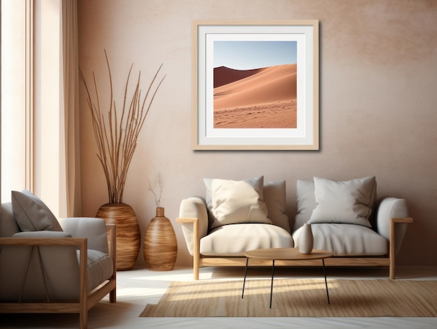 Desert Elegance AIGenerated Mockup of Minimalist Interior with EFrame and Wall Art