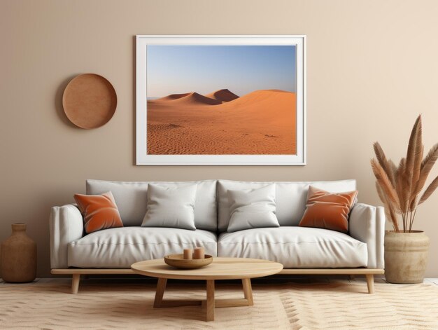 Desert Elegance AIGenerated Mockup van Minimalistisch Interieur met EFrame en Wall Art