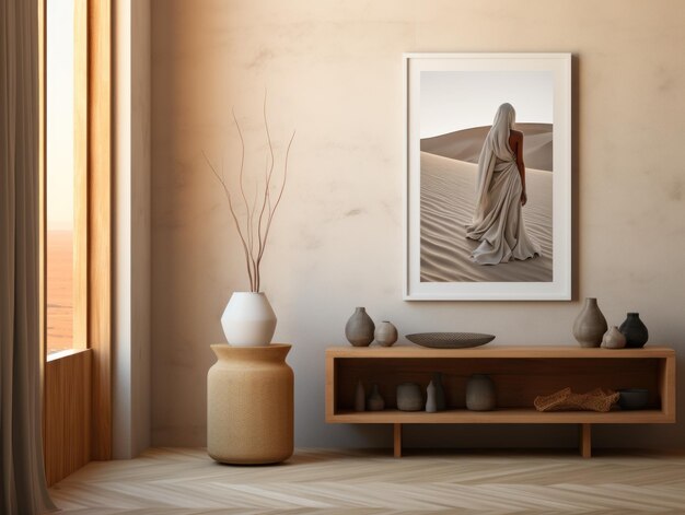 Desert Elegance AIGenerated Mockup van Minimalistisch Interieur met EFrame en Wall Art