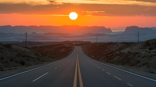 Пустынная шоссе на закате. Силуэт каньона на теплом небе.