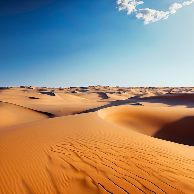 Desert landscape as far as the eye can see Golden sand covered by a dazzling blue sky