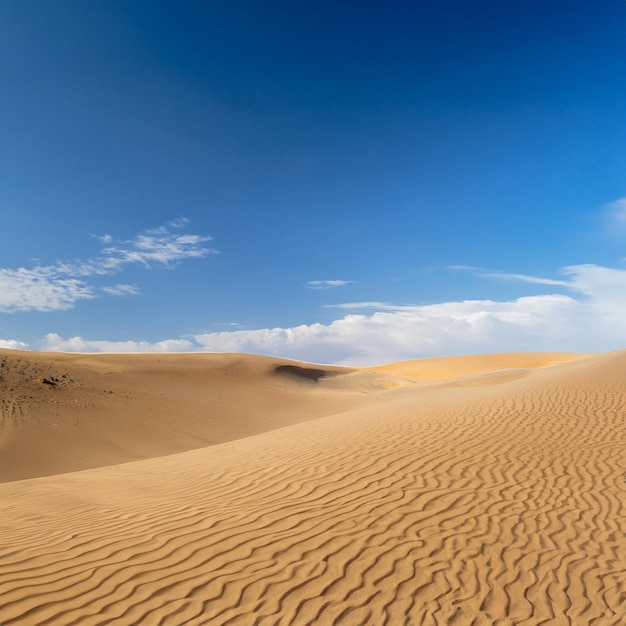 Desert landscape as far as the eye can see Golden sand covered by a dazzling blue sky
