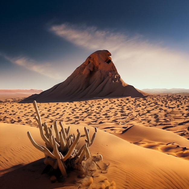 Пустынный пейзаж насколько хватает глаз Золотой песок под ослепительно голубым небом