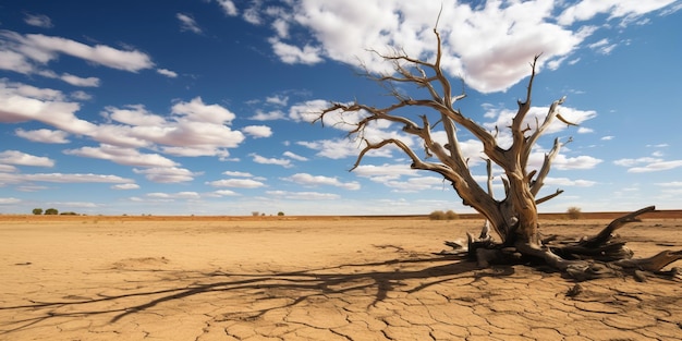 Ландшафт пустыни и мертвое дерево с засухой неба
