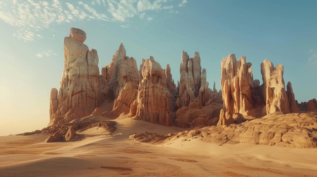 the desert landscape is stunning as the sun rises showcasing sandstone cliffs in golden light aig59