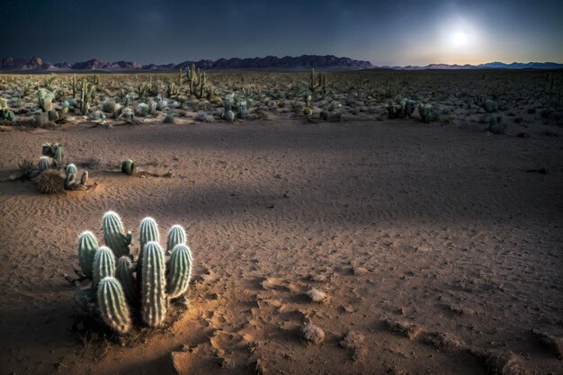 Desert landscape at night with a moonlit sky and cacti