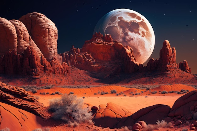 Photo desert landscape and red rock formations of moonlike landscape created with generative ai