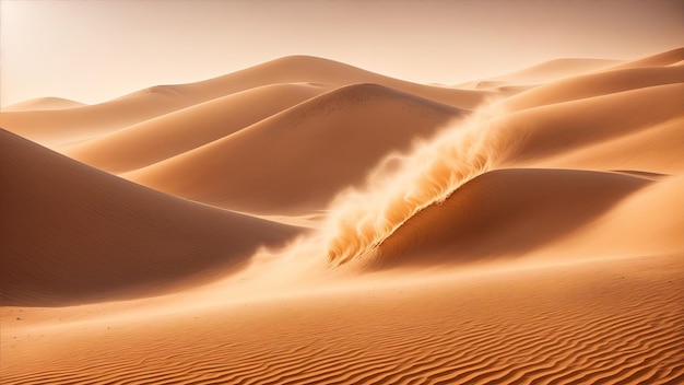A desert landscape during a sandstorm with sand dunes shifting and swirling in the wind