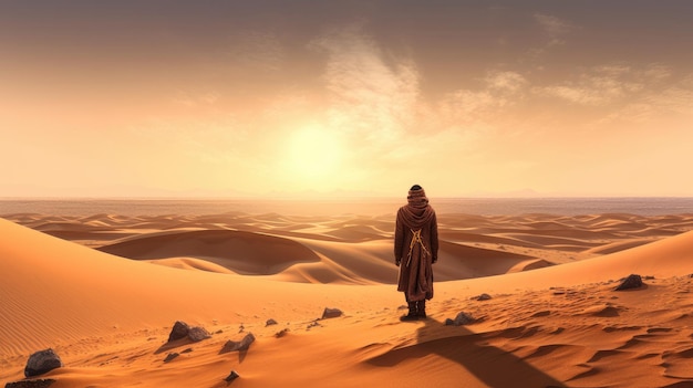 Desert landscape at sunset with a person on his back