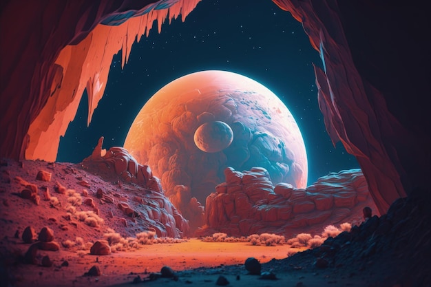 Пустынный пейзаж на поверхности другой планеты с горами и гигантской луной в космосе AI