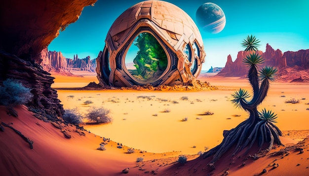 Photo desert landscape with an alien spaceship in the middle generative ai