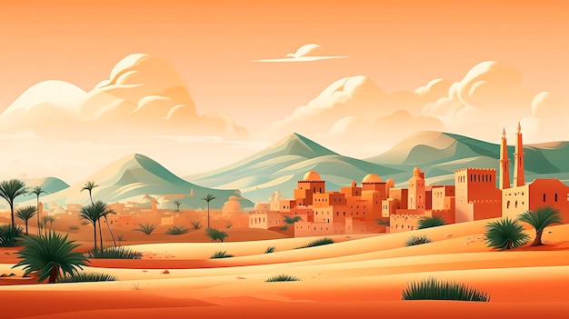 古代の都市とモスクのベクトルイラストをカートゥーンスタイルで描いた砂漠の風景