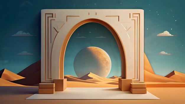 desert landscape with arches and moon in the sky