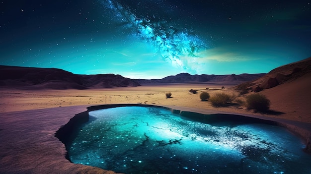 A desert landscape with a blue pool and a starry sky.