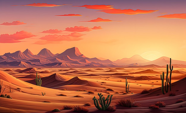 A desert landscape with cacti and sand dunes against a sunset sky