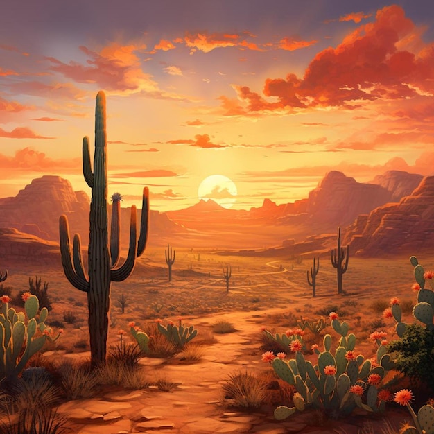 a desert landscape with cactus, cactus, and desert landscape.