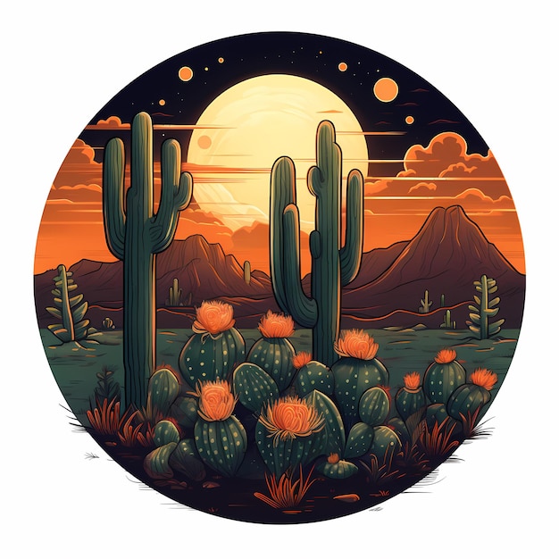 A desert landscape with cactus and mountains in the background.