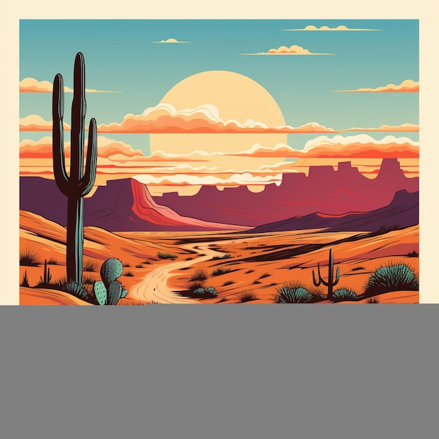 Desert landscape with cactus and mountains Retro poster style