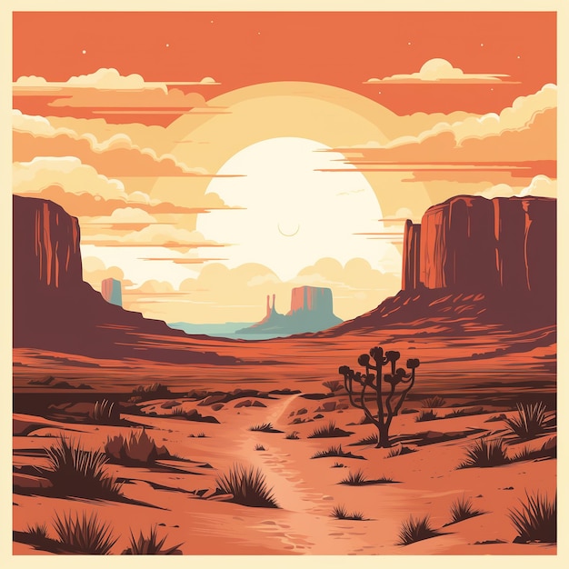 Desert landscape with cactus and mountains Retro poster style