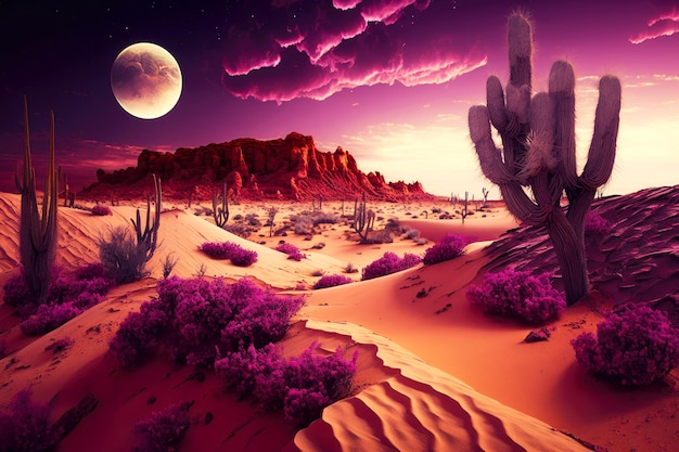 Пустынный пейзаж с кактусами и песчаными дюнами на фоне темно-фиолетового неба