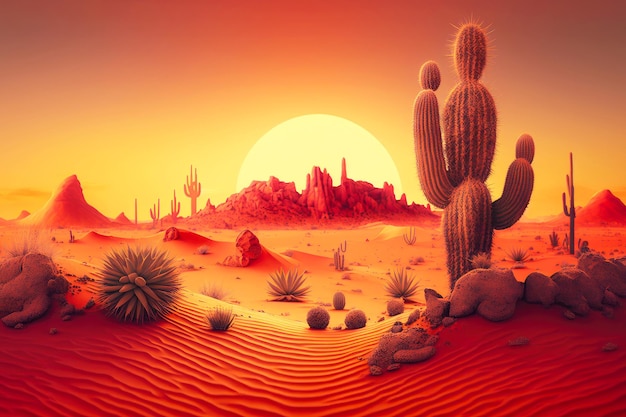 Desert landscape with cactus and sand dunes against sky full of red rising sun generative ai