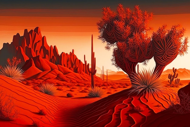 Desert landscape with cactus and sand dunes and mesa in red shadows generative ai