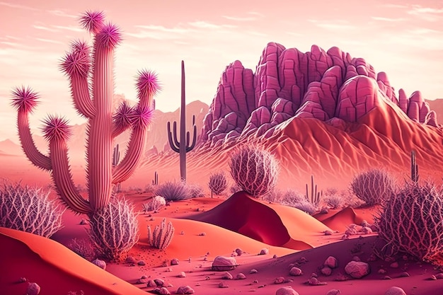 Desert landscape with cactus and sand dunes in red purple tones generative ai