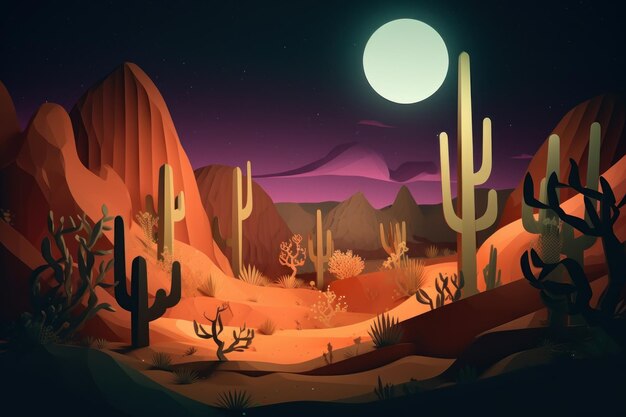 Desert landscape with cactuses and mountains in the background.