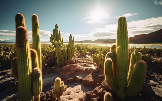 Premium AI Image | A desert landscape with cactuses and mountains in ...