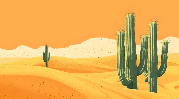 カクタスと日没の砂漠の風景 ベクトルイラスト