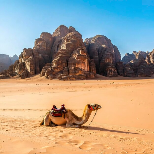 Desert landscape with camel Sand mountains and a desert on a Wadi Rum desert in Jordan