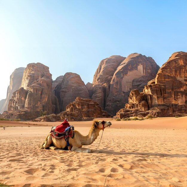 Desert landscape with camel Sand mountains and a desert on a Wadi Rum desert in Jordan