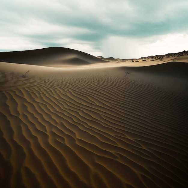 A desert landscape with a cloudy sky and a large sand dune.