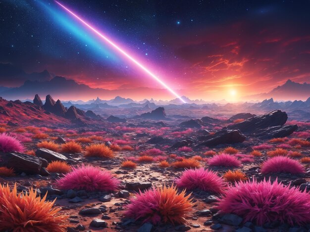 Photo a desert landscape with a colorful and vibrant scene there is a shooting star streaking across the sky creating a striking contrast against the desert environment