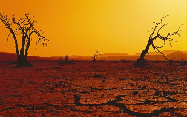 A desert landscape with cracked earth and silhouettes of trees under the orange sky