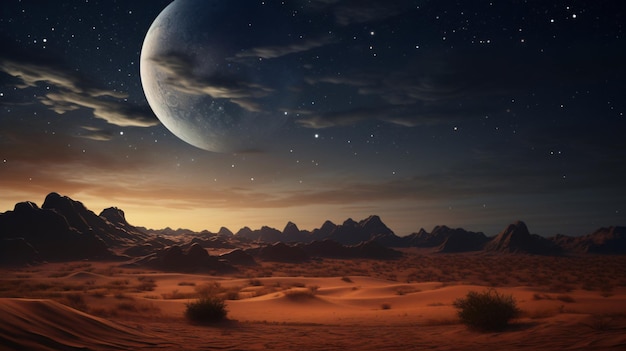 Desert landscape with crescent moon on dark starry