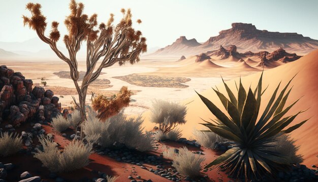 A desert landscape with desert plants and a cactus.