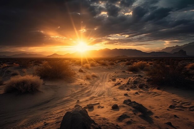 Photo desert landscape with dramatic sunrise and cloud formation created with generative ai