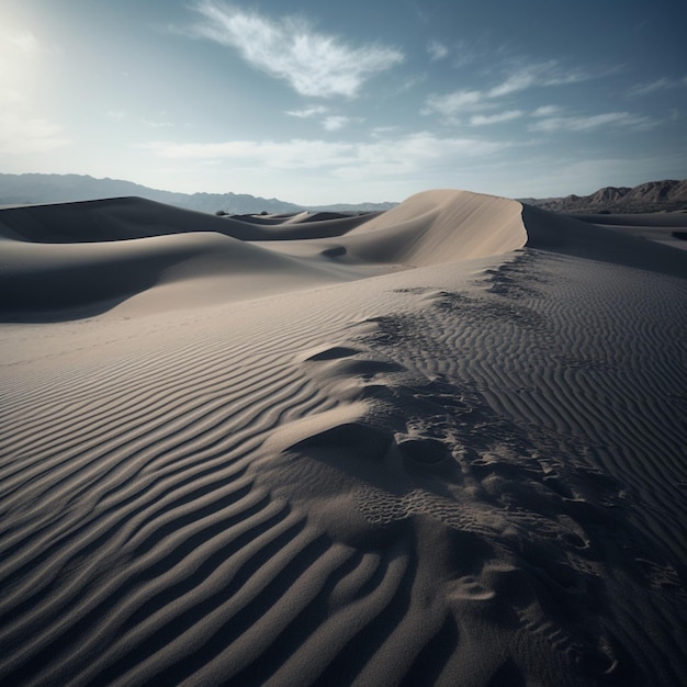 A desert landscape with a few footprints in the sand.