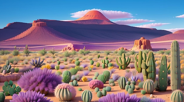 Desert landscape with flowering cactus foreground with purple mountain in background vibrant color