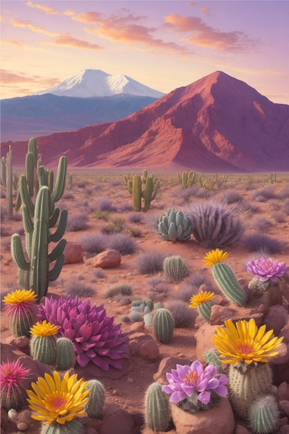 Desert landscape with flowering cactuses in foreground