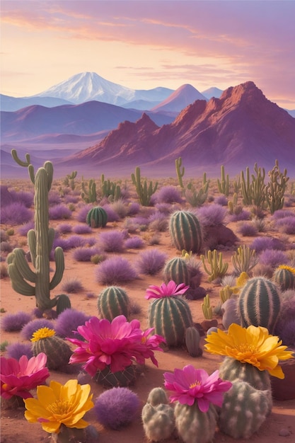 Desert landscape with flowering cactuses in foreground