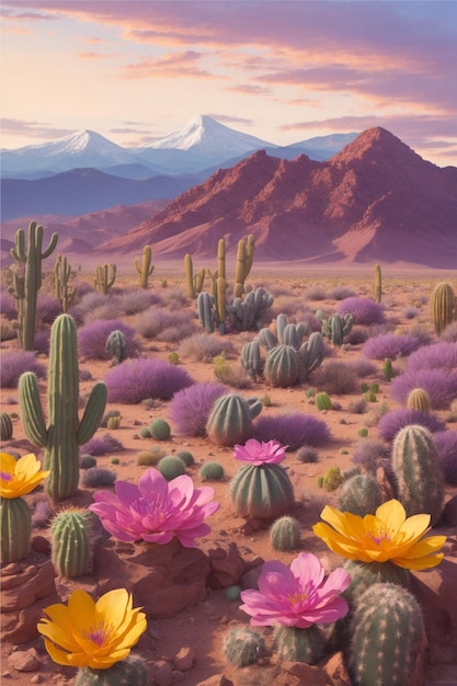 Desert landscape with flowering cactuses in foreground