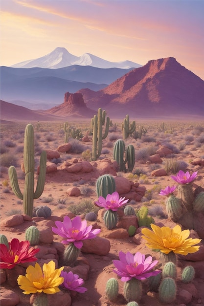 Desert landscape with flowering cactuses in foreground