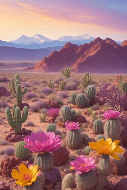 Desert landscape with flowering cactuses in foreground