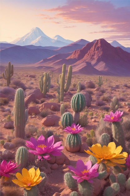 Desert landscape with flowering cactuses in foreground